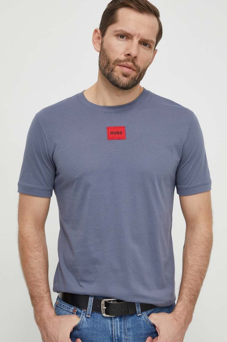 HUGO t-shirt bawełniany męski kolor niebieski z aplikacją 50447978