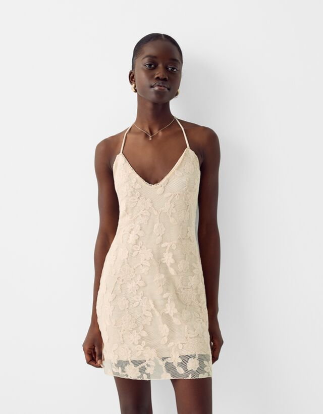 Bershka Sukienka Mini Na Ramiączkach Z Gipiury Kobieta S Biały Złamany