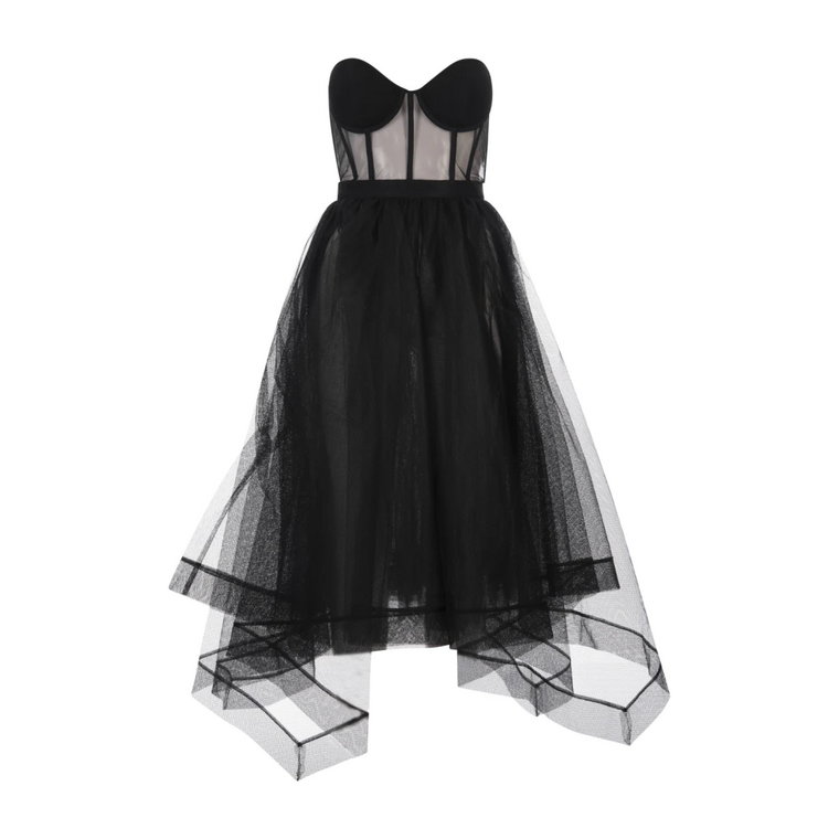 Czarna Sukienka Midi z Asymetryczną Spódnicą z Tiulu Alexander McQueen