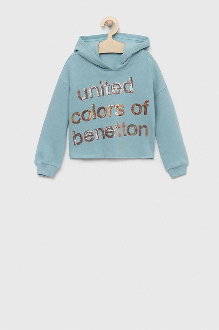 United Colors of Benetton bluza dziecięca kolor niebieski z kapturem z aplikacją
