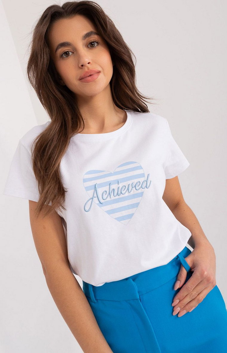 T-shirt damski z nadrukiem biało-niebieski RV-TS-9667.19, Kolor biało-niebieski, Rozmiar S/M, BASIC FEEL GOOD