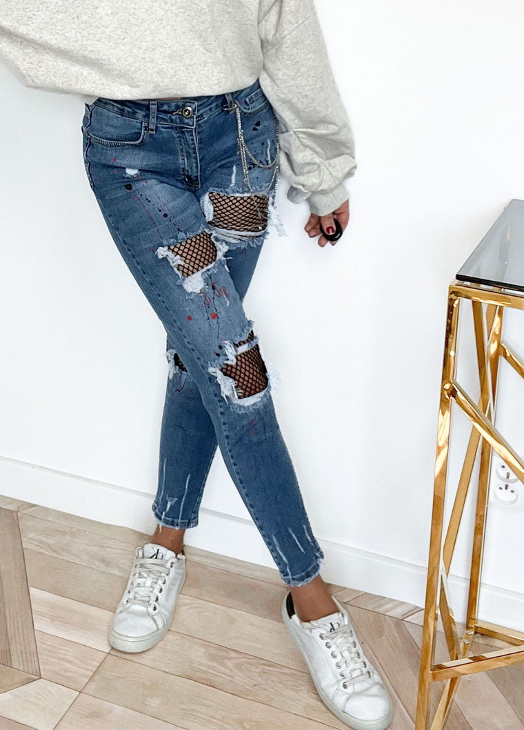 HIT! SPODNIE RURKI JEANSOWE ENERGY Z ŁAŃCUSZKAMI I DZIURAMI - DENIM JEANS