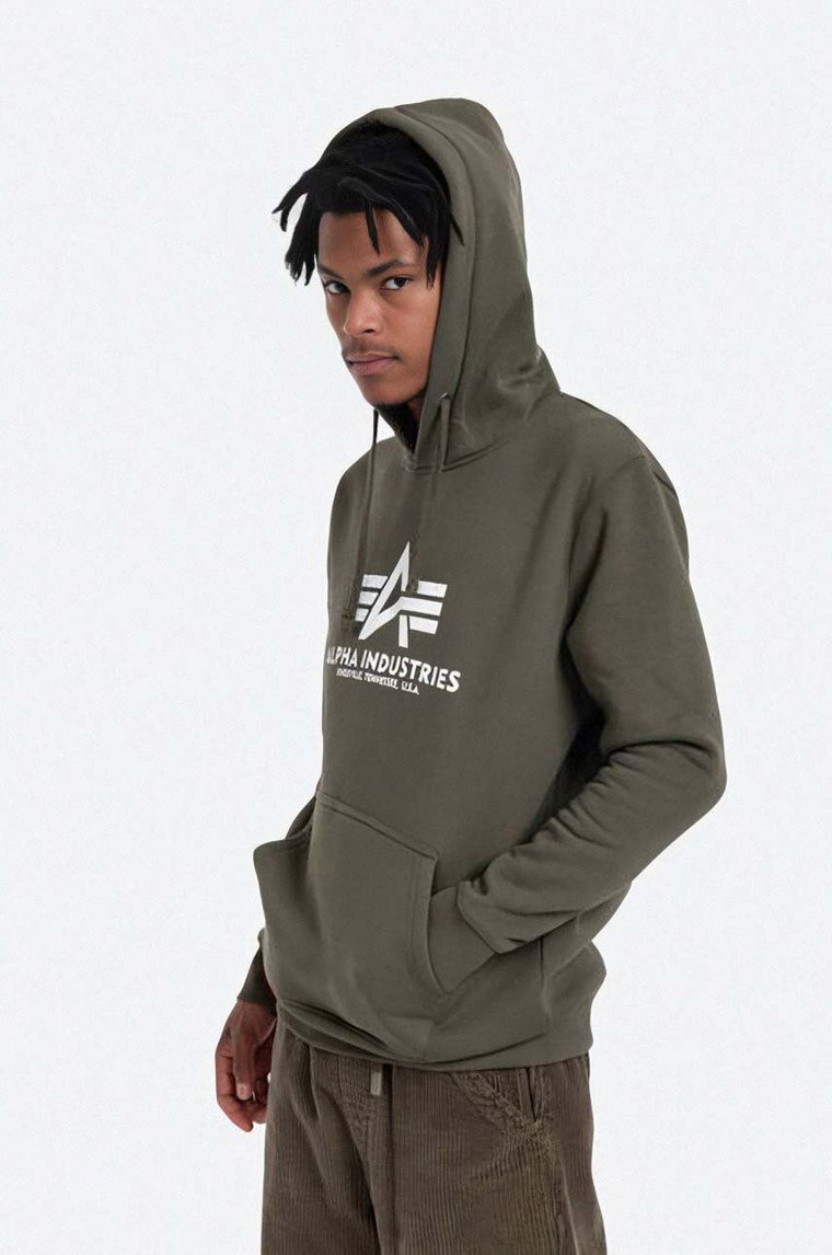 Alpha Industries bluza Basic Hoodie męska kolor zielony z kapturem z nadrukiem 178312.257-ZIELONY