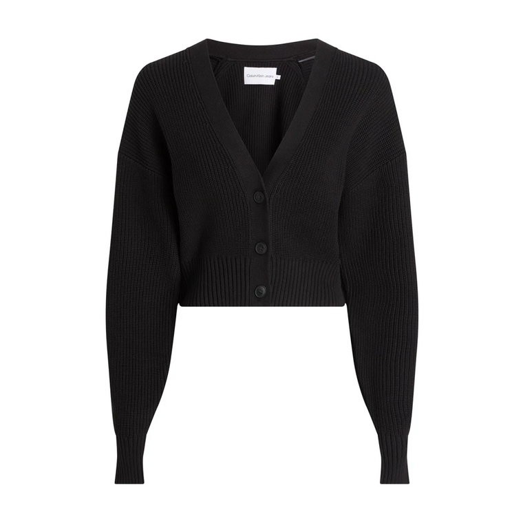 Czarny sweter z klasycznym dekoltem w serek i żebrowaną fakturą Calvin Klein