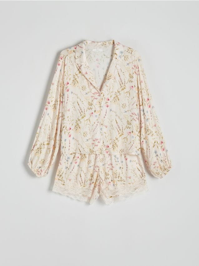 Reserved - Dwucześciowa piżama w kwiaty - kremowy