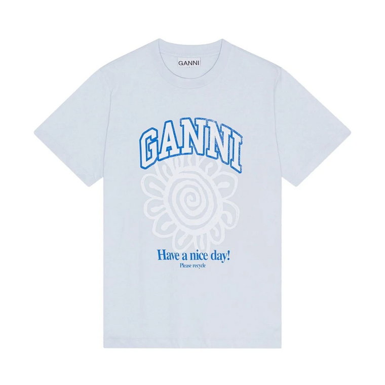 Jasnoniebieska Koszulka z Logo z Organicznej Bawełny Ganni