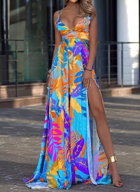 Sukienka maxi na ramiączkach z printem z rozporkiem
