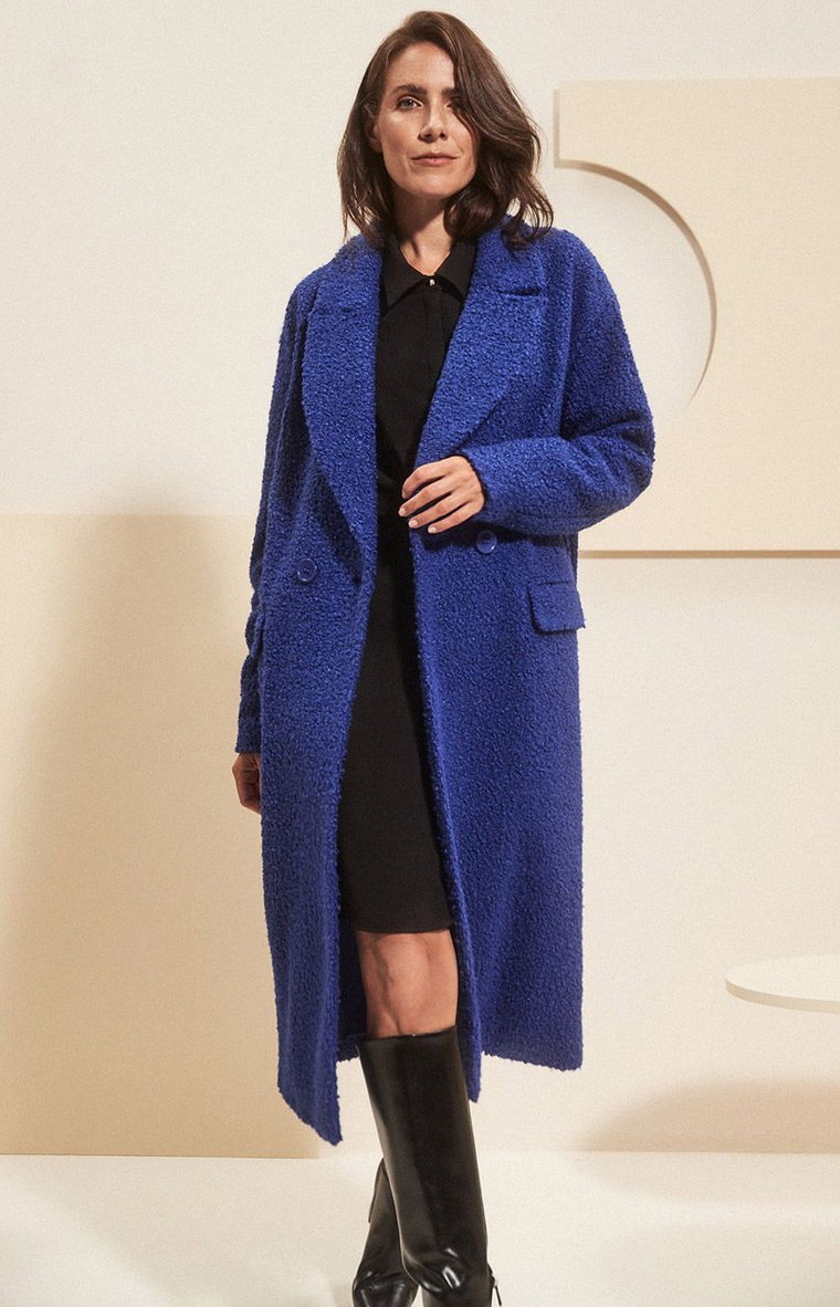 Długi dwurzędowy płaszcz w kolorze niebieskim 4205, Kolor niebieski, Rozmiar XS, Moodo