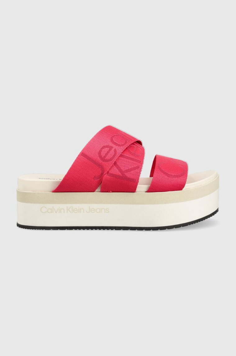 Calvin Klein Jeans klapki FLATFORM SANDAL WEBBING damskie kolor różowy na platformie YW0YW00966