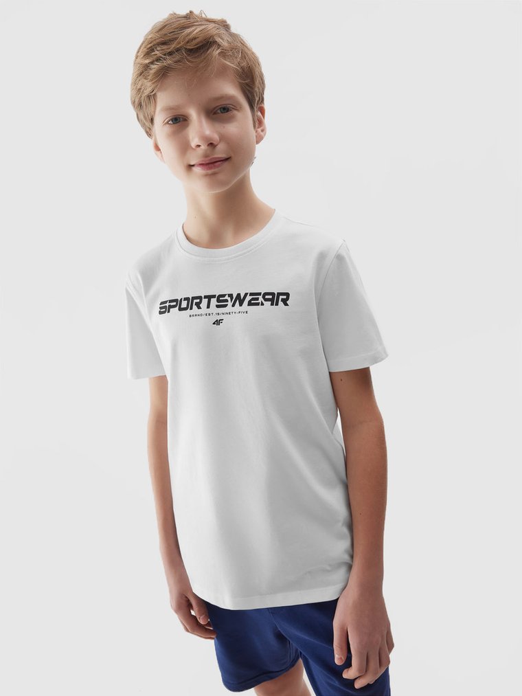 T-shirt z nadrukiem chłopięcy 4F 4FJWSS24TTSHM1114-10S Biały