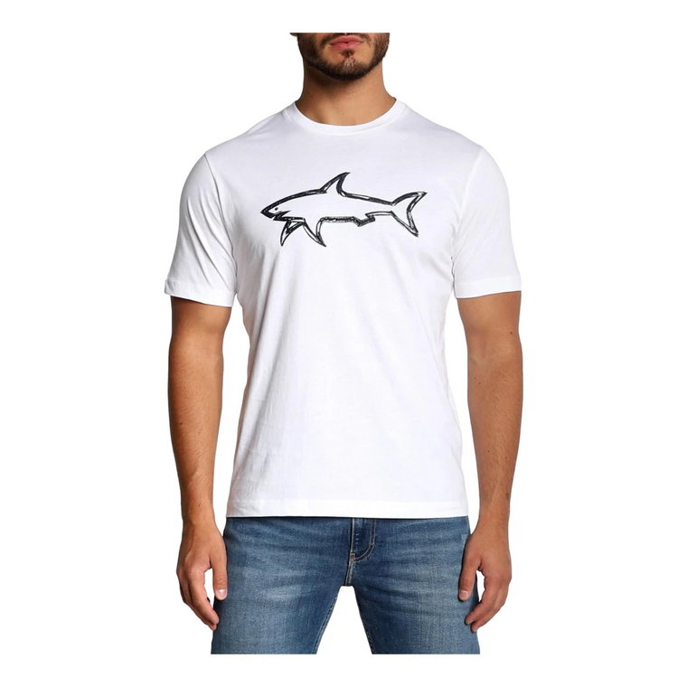 Biała Męska Koszulka z Rekinem - Bawełna Paul & Shark