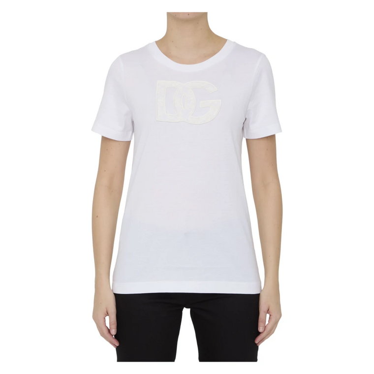 Biała koszulka z koronkowym logo Dolce & Gabbana