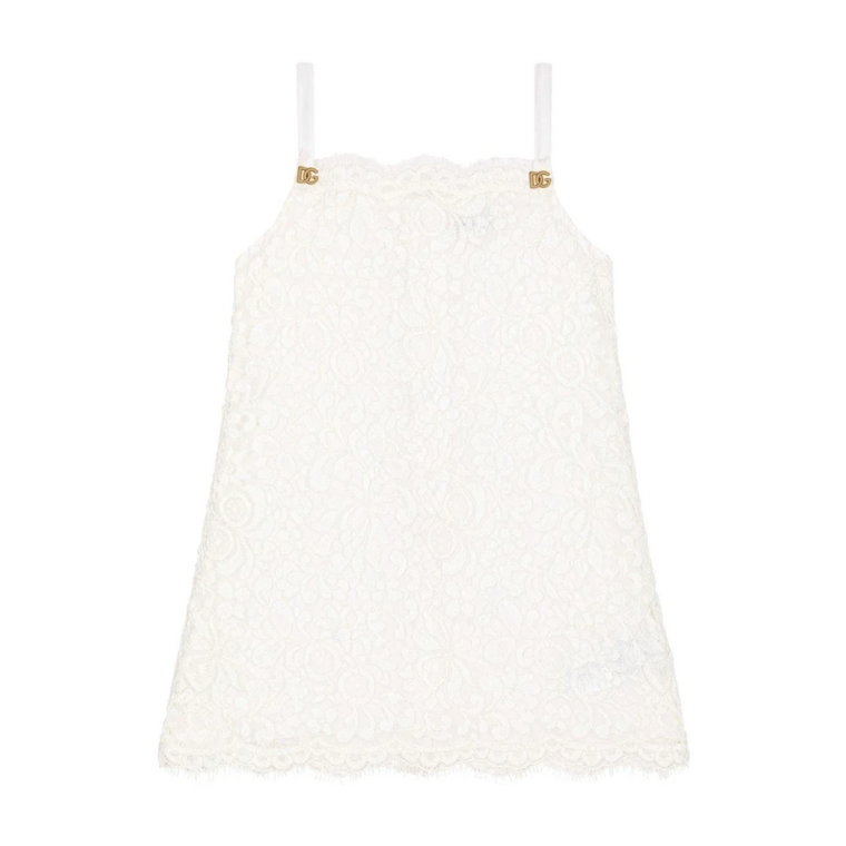 Biała Koronkowa Sukienka Dziecięca Kwadratowy Dekolt Dolce & Gabbana