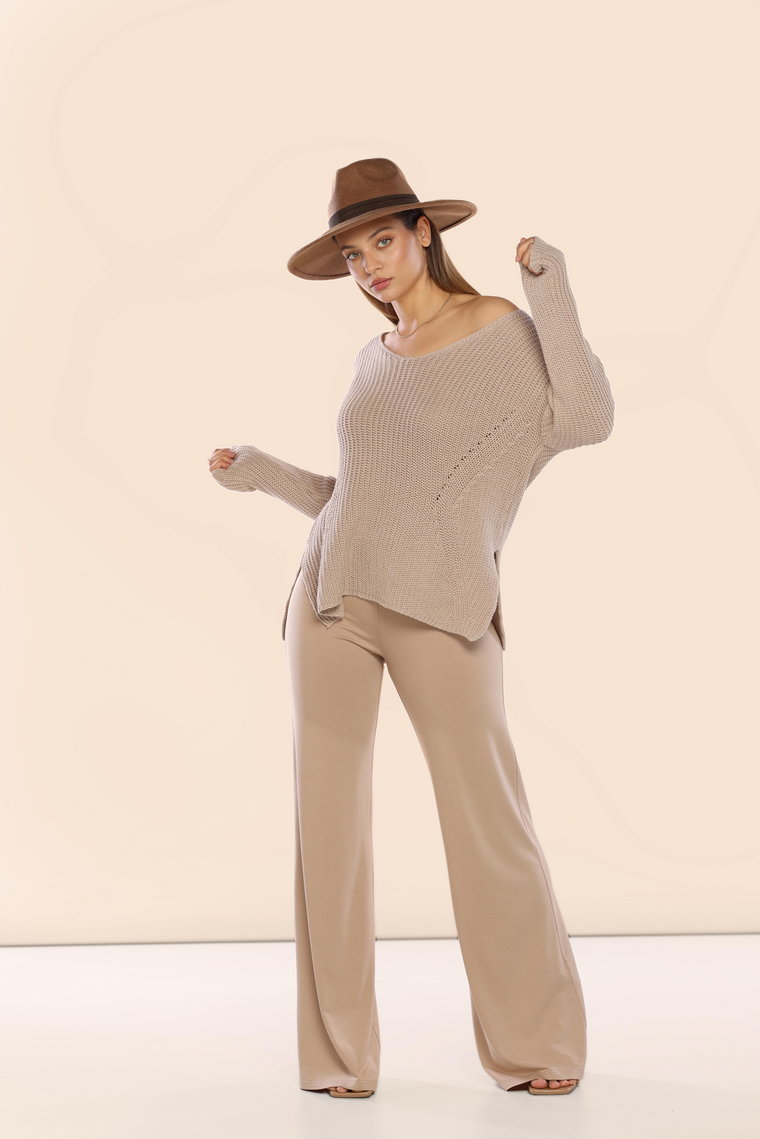 Sweter z bawełny z dekoltem V : Kolor - Beżowy, Rozmiar - XS/S