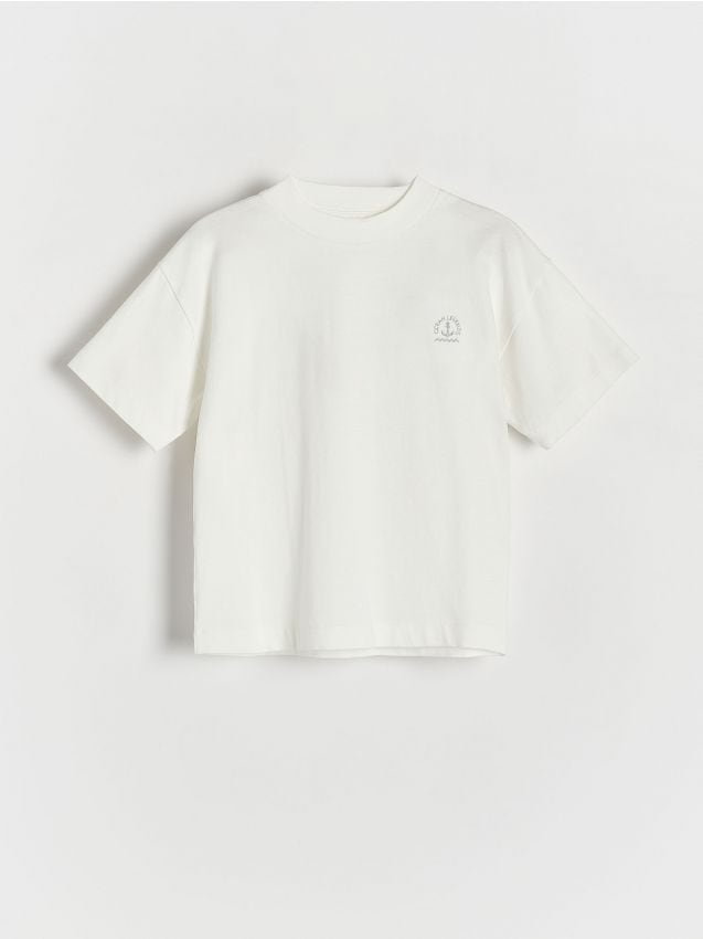 Reserved - T-shirt oversize z haftem - złamana biel
