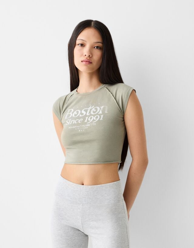 Bershka Koszulka Z Nadrukiem Z Krótkim Raglanowym Rękawem Kobieta Xs Zielony