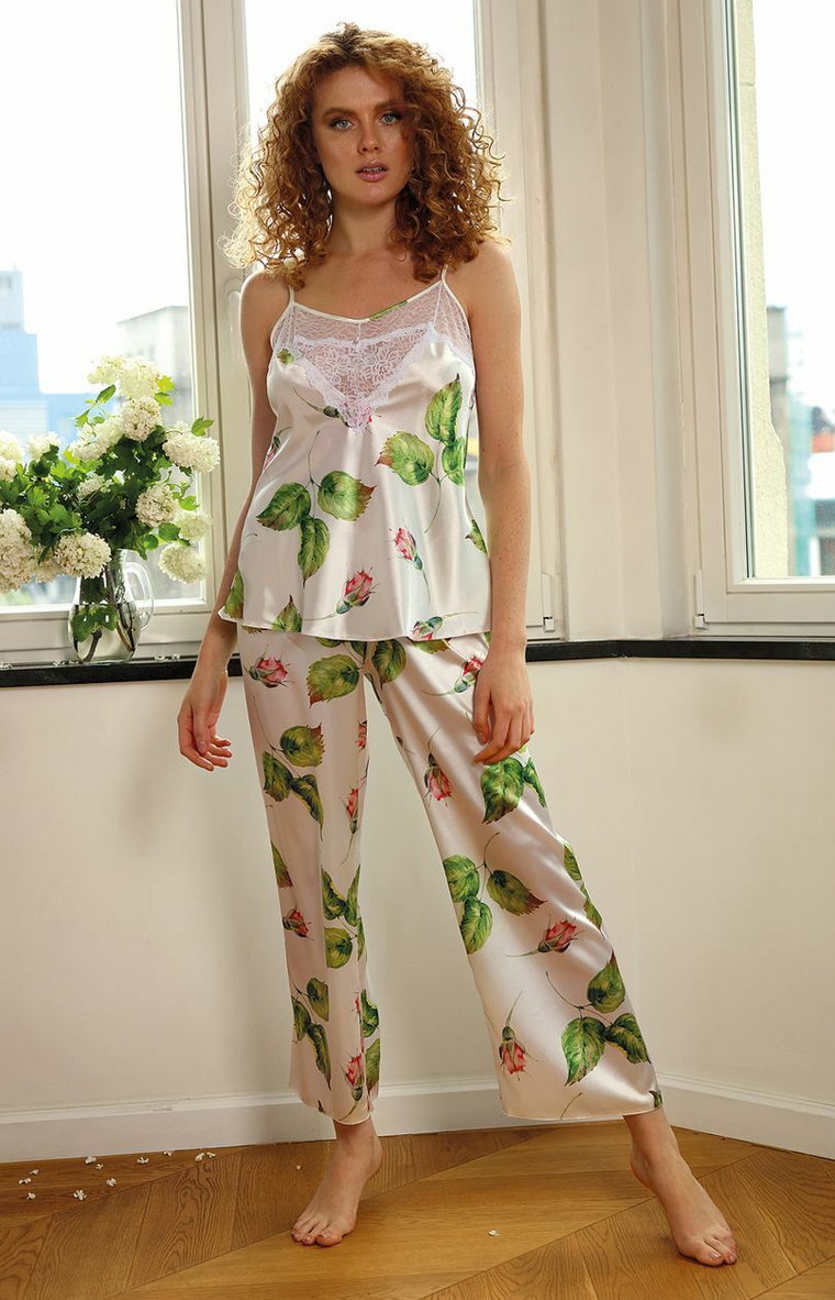 Flowers piżama satynowa DK-KC 007, Kolor ecru-zielony, Rozmiar S, DKaren
