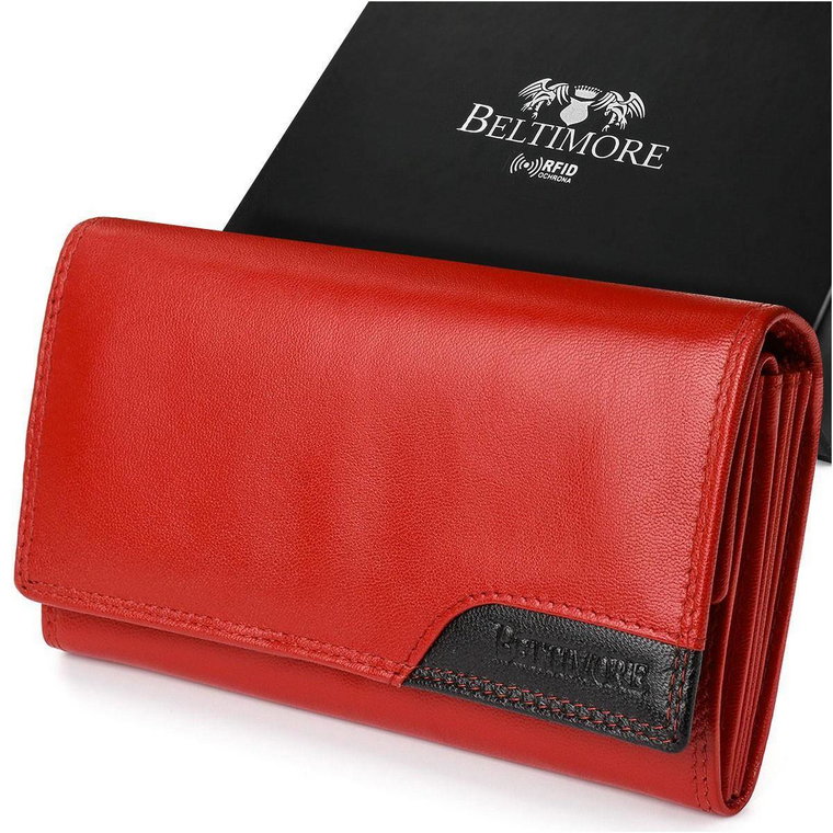 Damski skórzany portfel duży z biglem w środku poziomy retro RFiD czerwony BELTIMORE czerwony