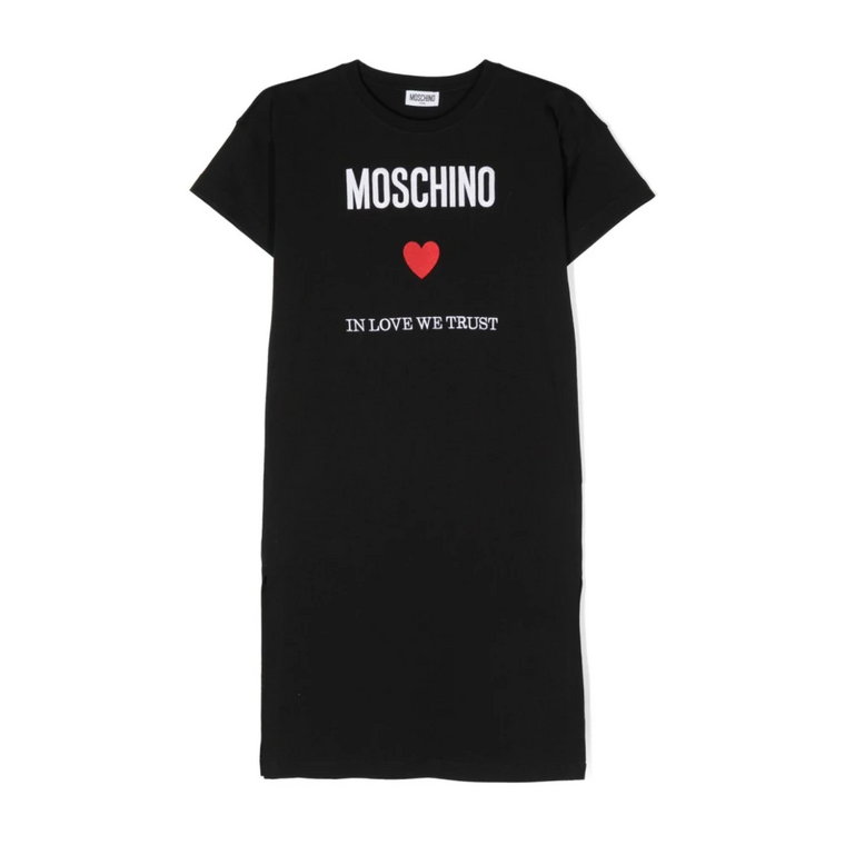 Czarna Sukienka z Logo i Sercem dla Dziewczynek Moschino