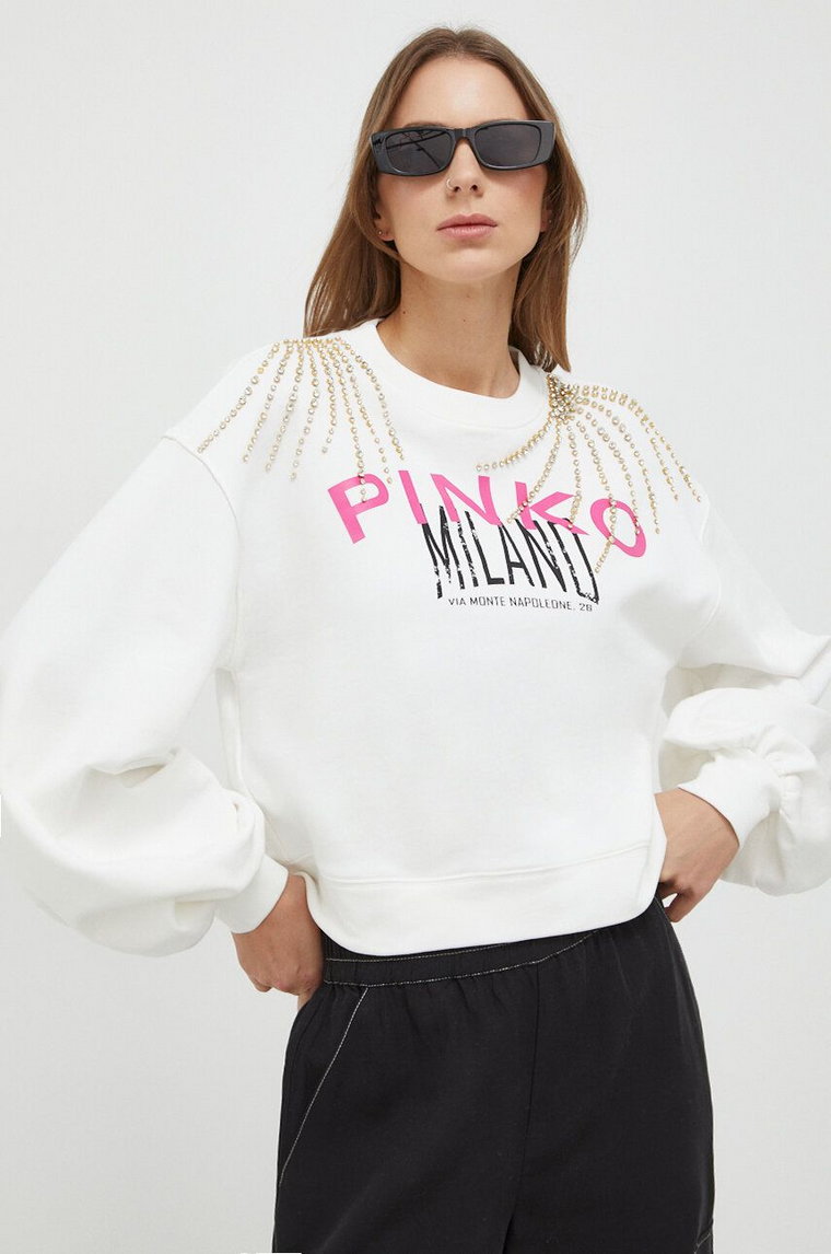 Pinko bluza bawełniana damska kolor beżowy z aplikacją 102827.A1LU