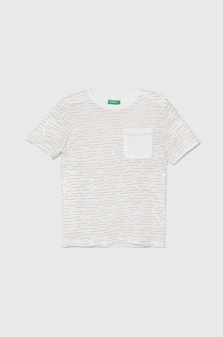 United Colors of Benetton t-shirt z domieszką lnu dziecięcy kolor biały wzorzysty