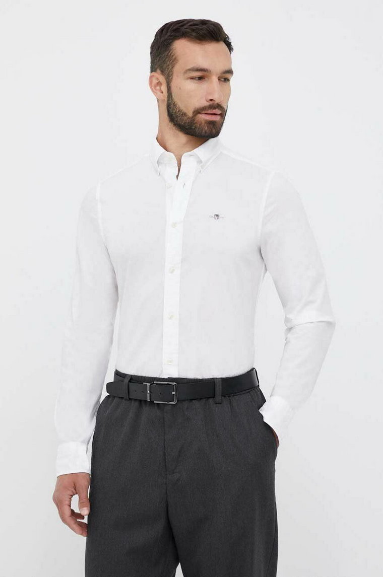 Gant koszula bawełniana męska kolor biały slim z kołnierzykiem button-down