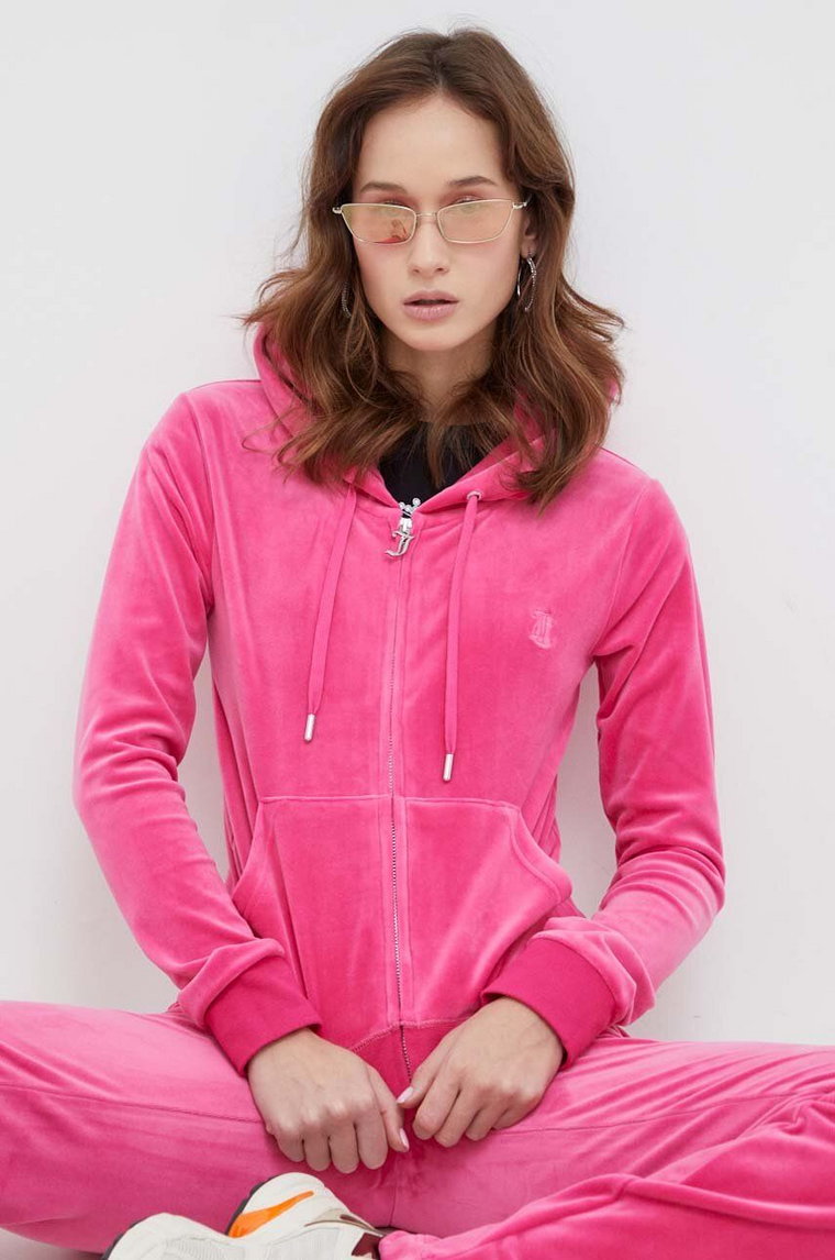 Juicy Couture bluza welurowa kolor różowy z kapturem z aplikacją