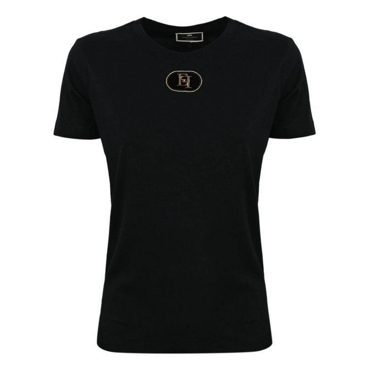 Czarna bawełniana koszulka z metalową aplikacją i detalami z weluru Elisabetta Franchi