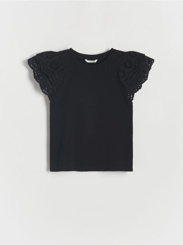 Reserved - Bawełniany t-shirt z falbanką - czarny