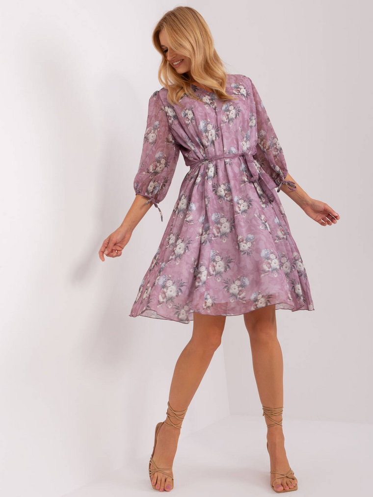 Sukienka z printem fioletowy codzienna dekolt w kształcie V rękaw długi długość przed kolano z podszewką pasek troczki