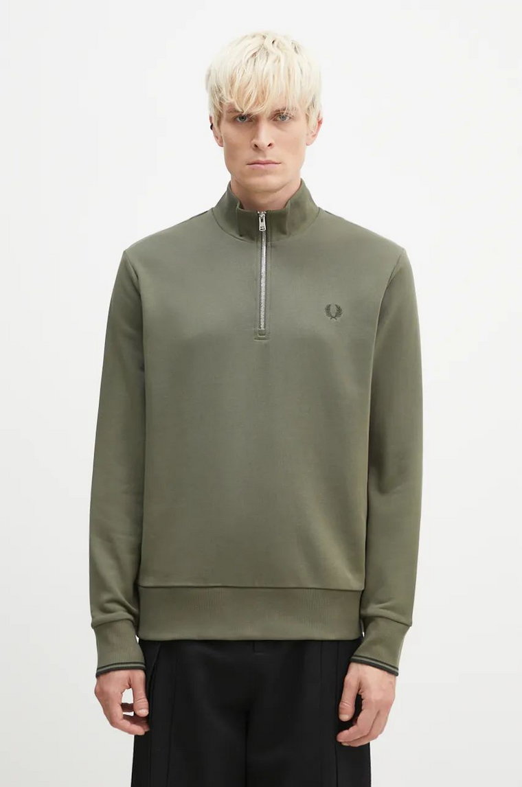 Fred Perry bluza bawełniana Half Zip Sweatshirt męska kolor zielony z kapturem gładka M3574.W49