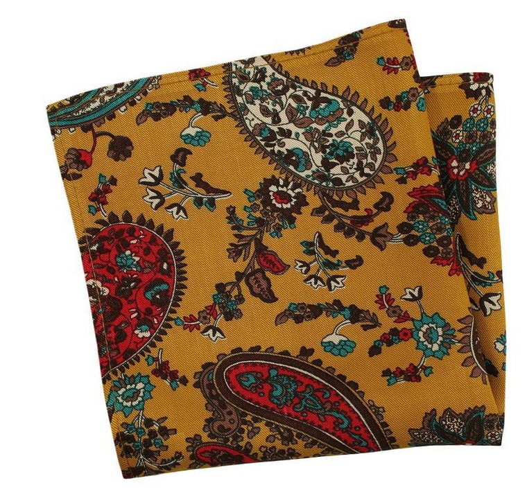 Musztardowa Męska Poszetka -EM Men's Accessories- w Paisley, Łezki