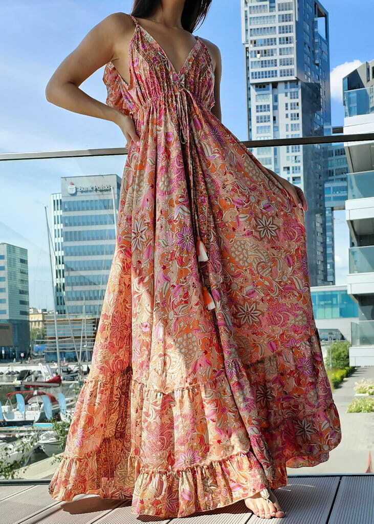 899 Maxi Sukienka Boho Jedwab Sharone Multi