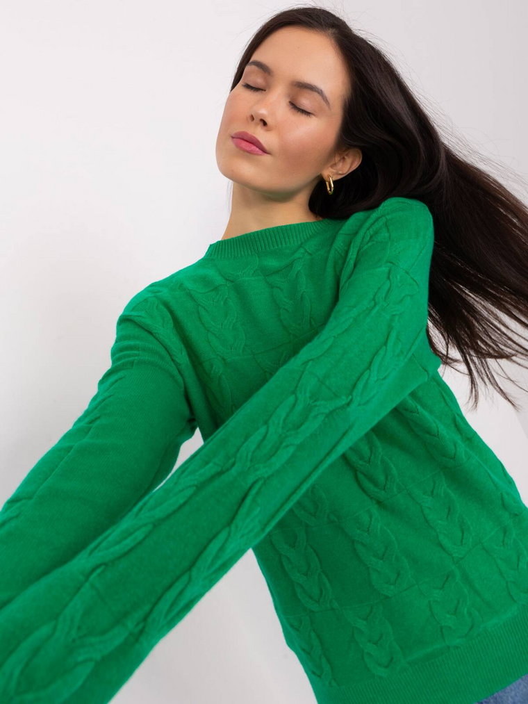Sweter z warkoczami zielony casual dekolt okrągły rękaw długi