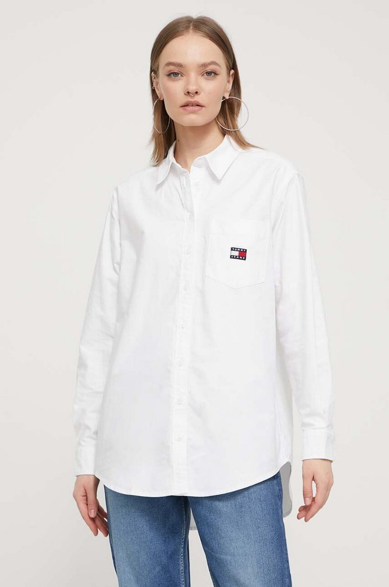 Tommy Jeans koszula bawełniana damska kolor biały relaxed z kołnierzykiem klasycznym DW0DW17807
