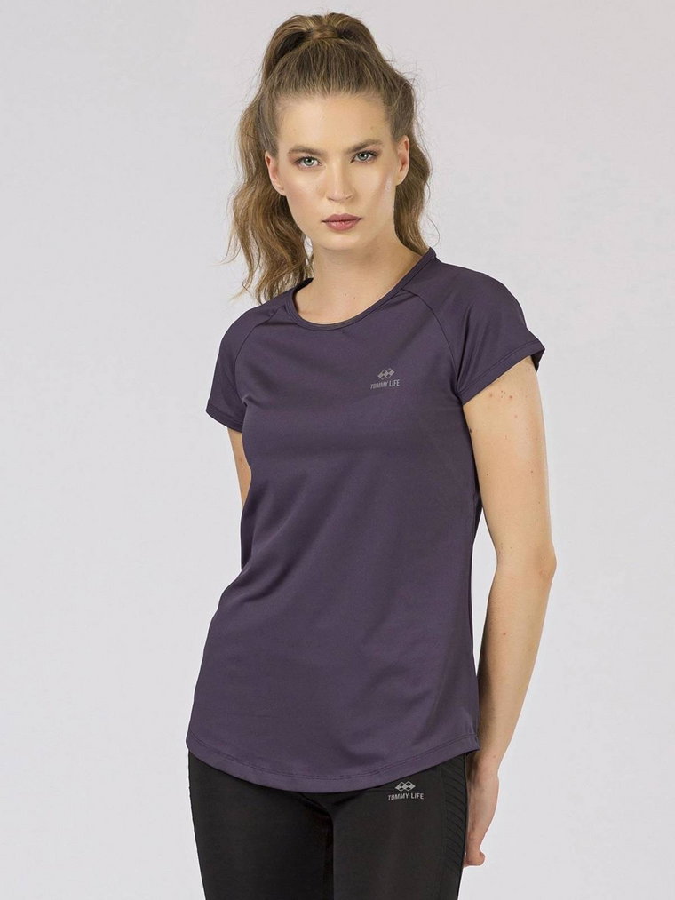 T-shirt jednokolorowy ciemny fioletowy dekolt okrągły rękaw krótki