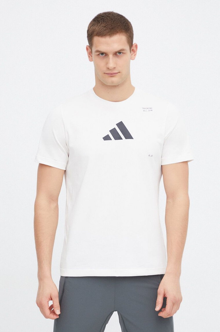 adidas Performance t-shirt treningowy kolor beżowy z nadrukiem IS2363