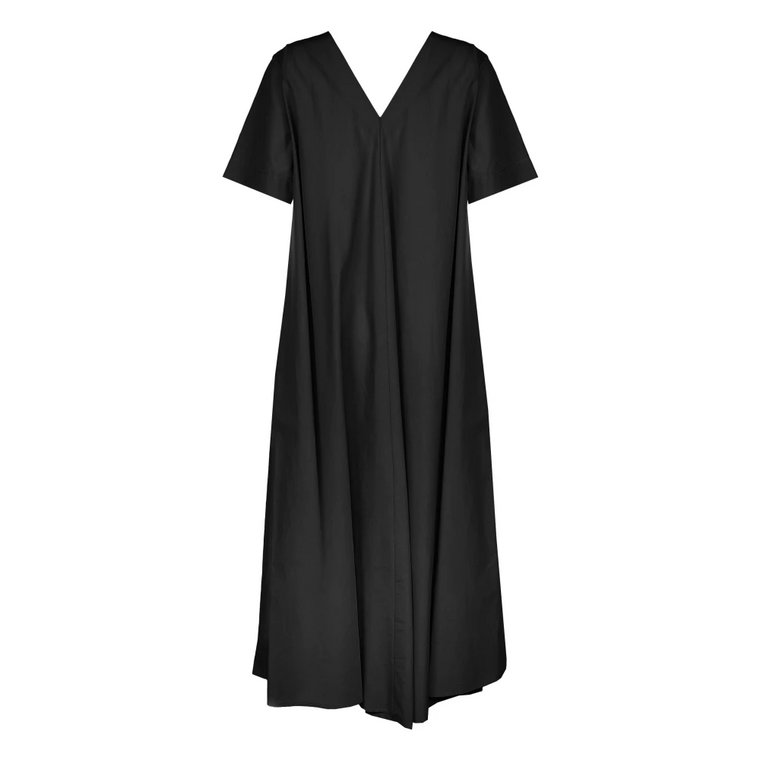 Czarna Sukienka Midi z Popeliny z Dekoltem w serek Ottod'Ame