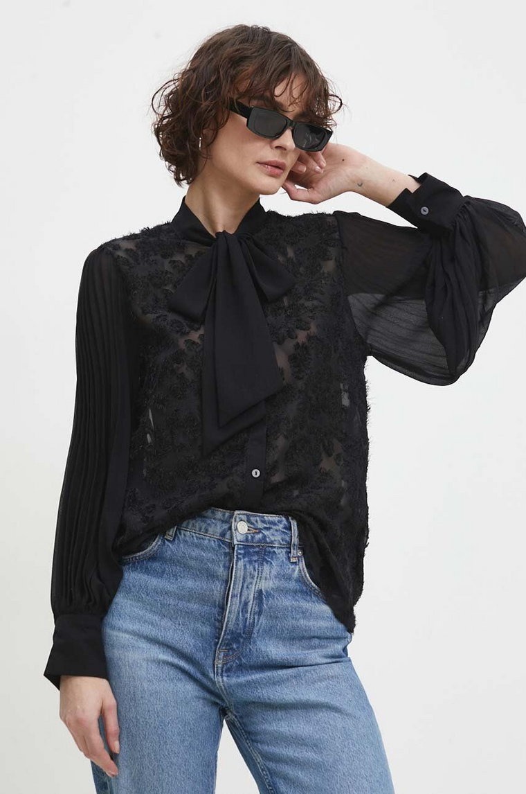 Answear Lab koszula damska kolor czarny regular z wiązanym dekoltem