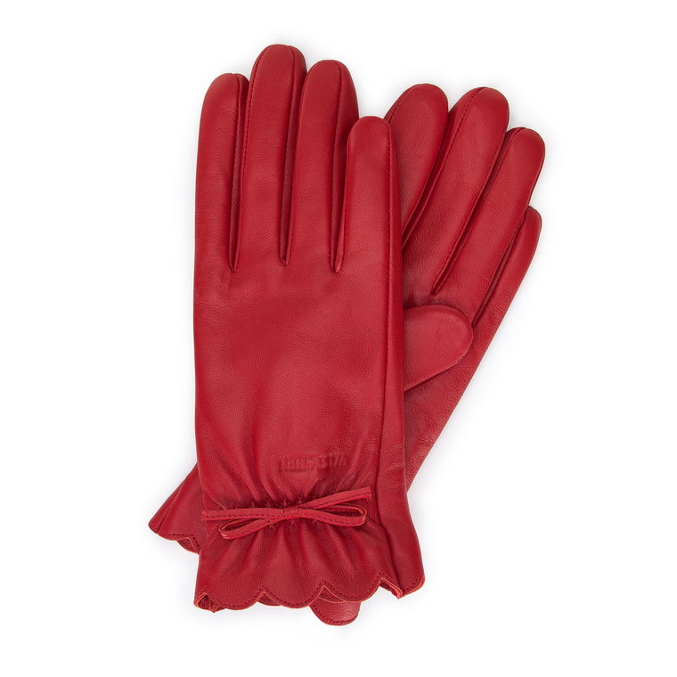 Damskie rękawiczki skórzane z falbanką i kokardką czerwone