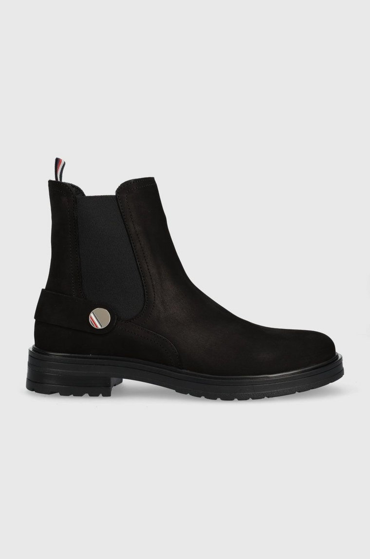 Tommy Hilfiger sztyblety zamszowe Th Coin Flat Boot damskie kolor czarny na płaskim obcasie