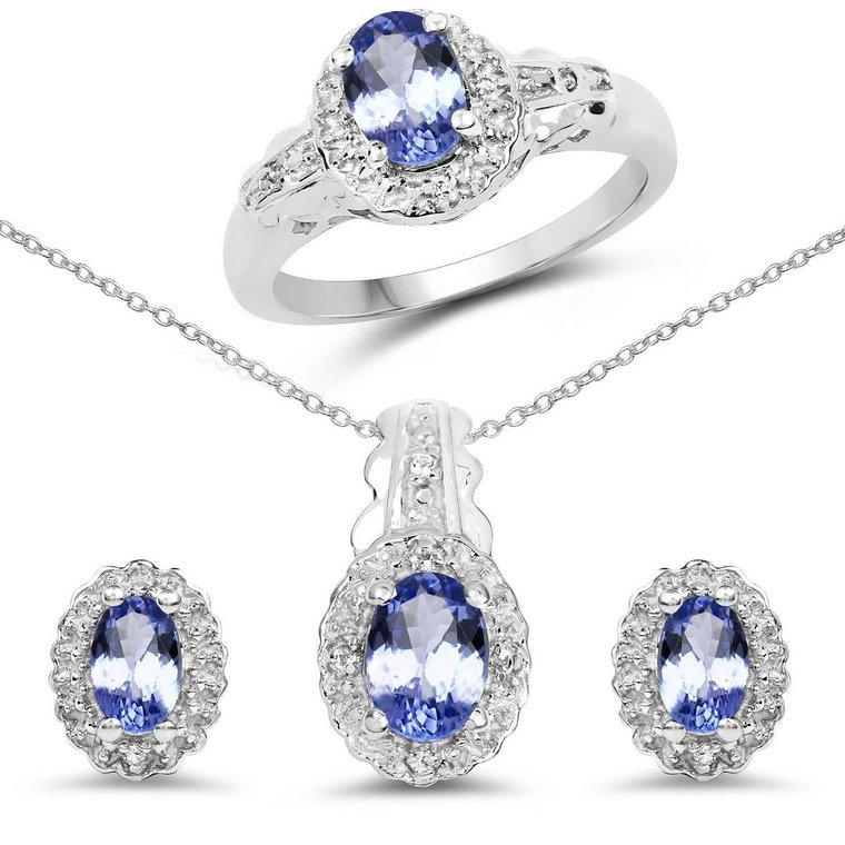 Srebrny komplet biżuterii z tanzanitami i kryształami górskimi 2,50 ct - 17