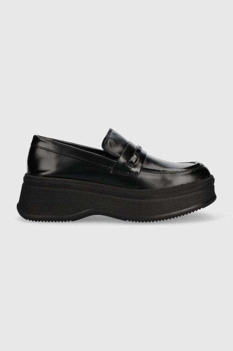 Calvin Klein mokasyny skórzane PITCHED LOAFER W/HW damskie kolor czarny na platformie HW0HW01817