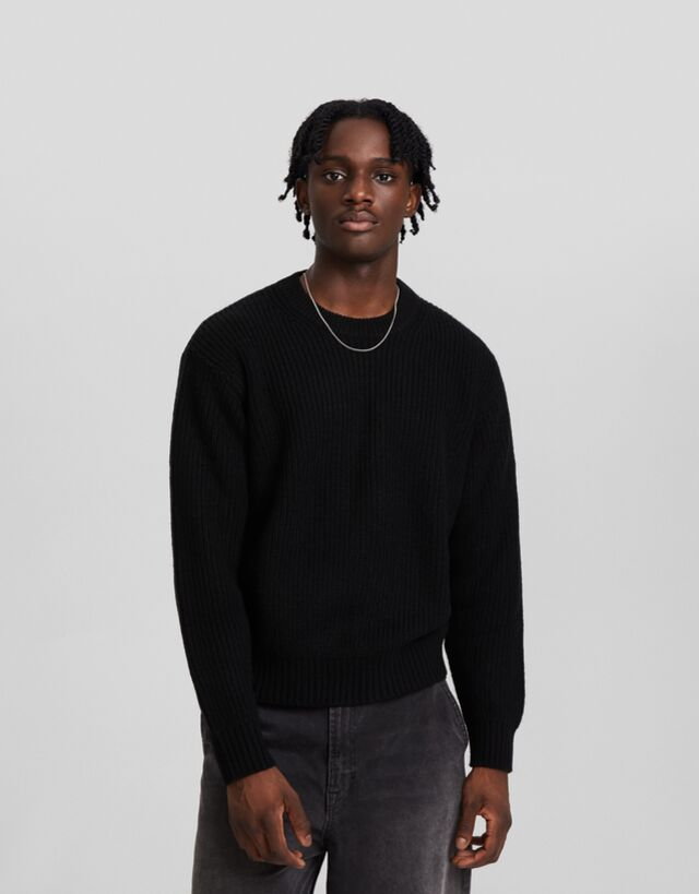 Bershka Strukturalny Sweter Z Wełny Syntetycznej Z Okrągłym Dekoltem Mężczyzna M Czarny