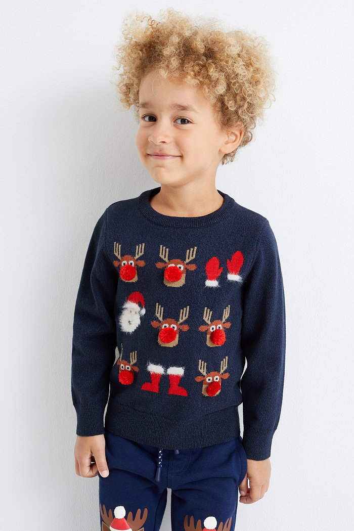 C&A Sweter bożonarodzeniowy-Święty Mikołaj i Rudolf, Niebieski, Rozmiar: 104