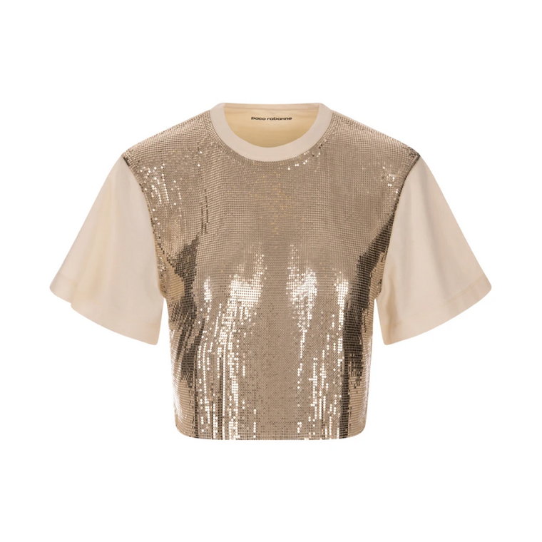 Stylowy Nude Jersey Crop Top z Jasnym Złotym Meszem Paco Rabanne