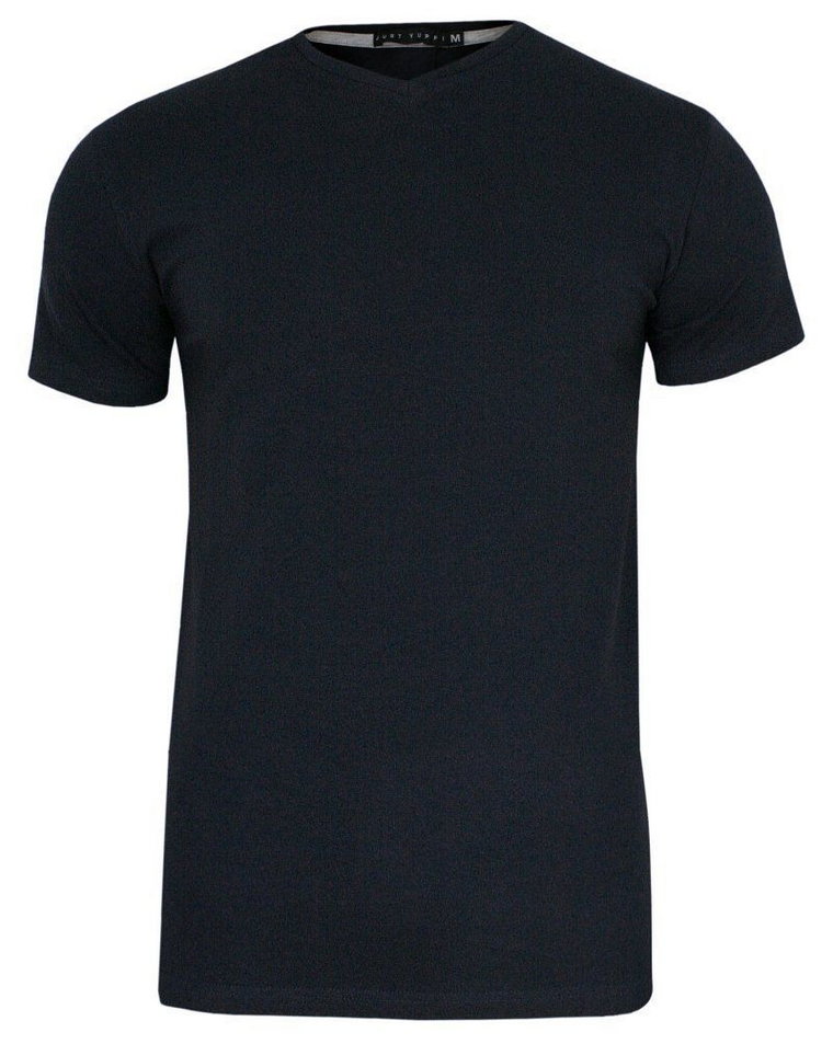 Granatowy Jednokolorowy T-shirt Męski, Krótki Rękaw -Just Yuppi- Koszulka, BASIC, w Serek, V-neck