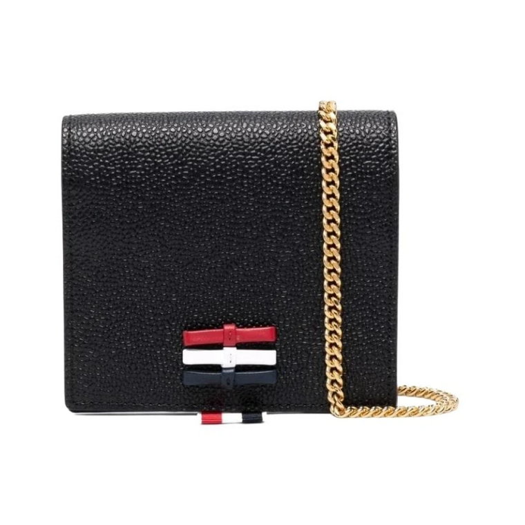 3-Bow Card Holder W/ Chain Strap IN Pebble Grain Leather - L12, H13, W3 Thom Browne