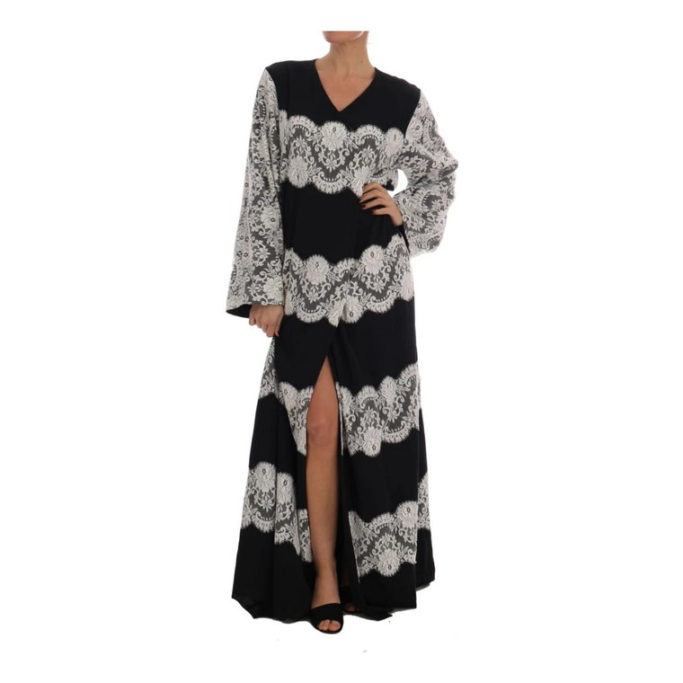 Black Silk Floral Lace Kaftan Dress Dolce & Gabbana
