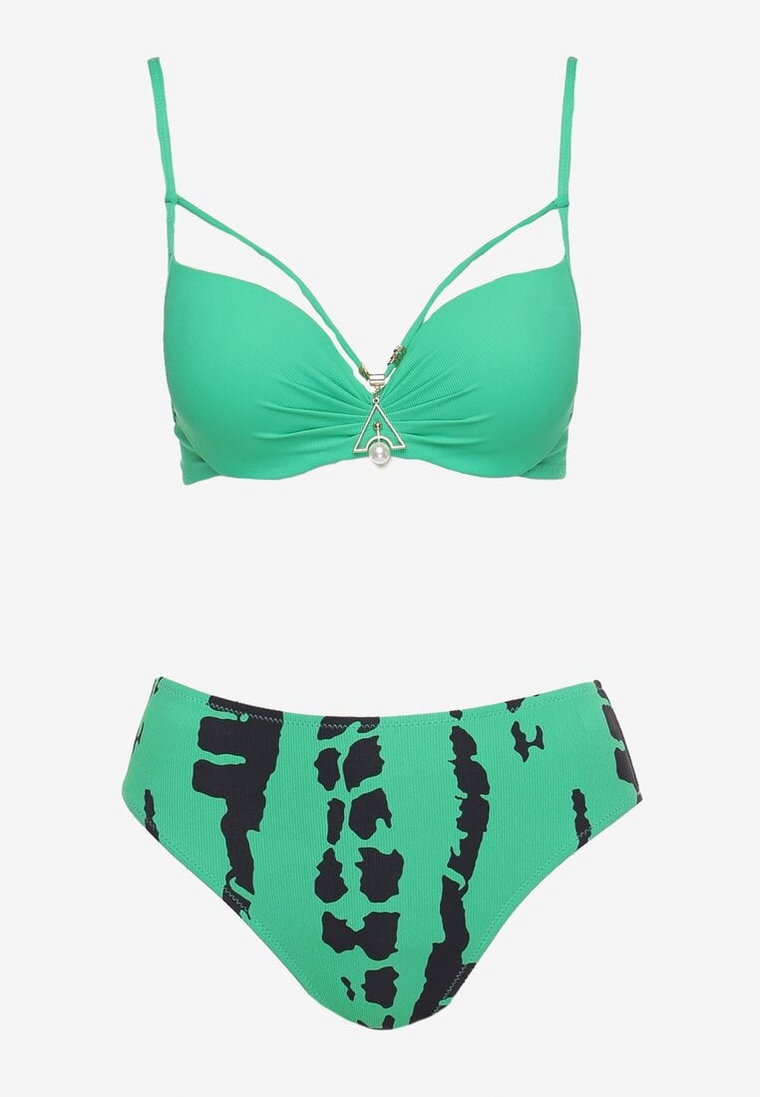 Zielono-Czarne Bikini Biustonosz z Regulowanymi Ramiączkami Majtki z Wysokim Stanem Kloella